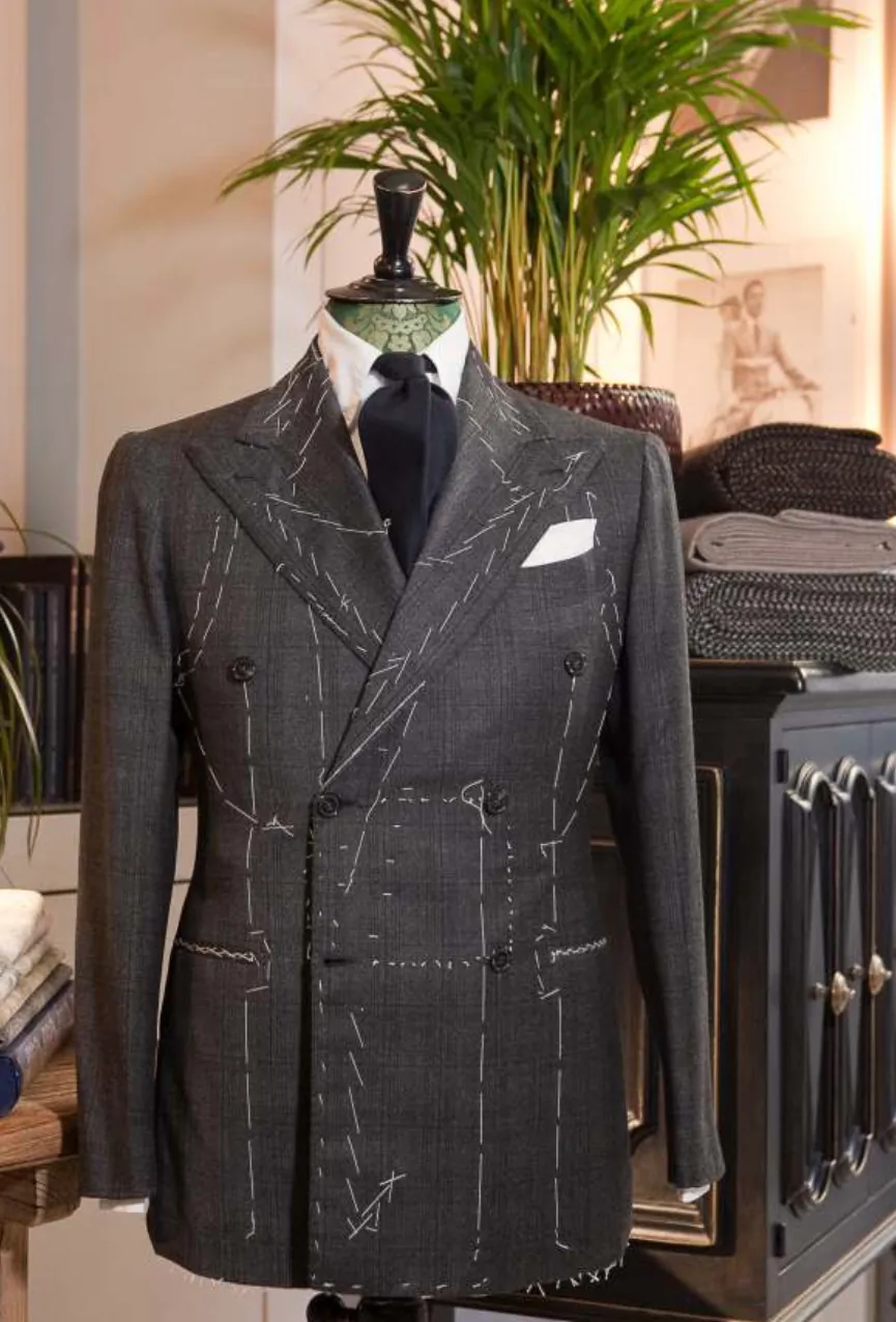 Grey chalk-striped jacket basted for a first fitting