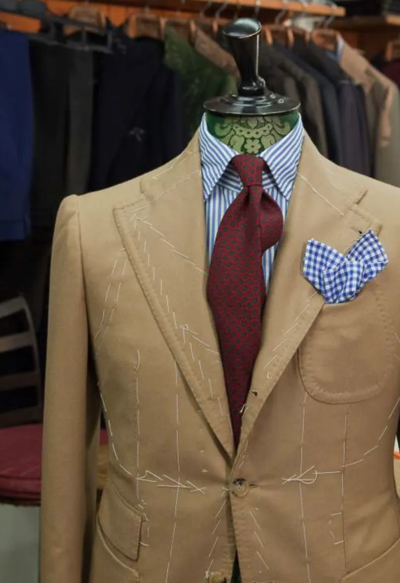 Camel jacket with burgundy tie and pocket square