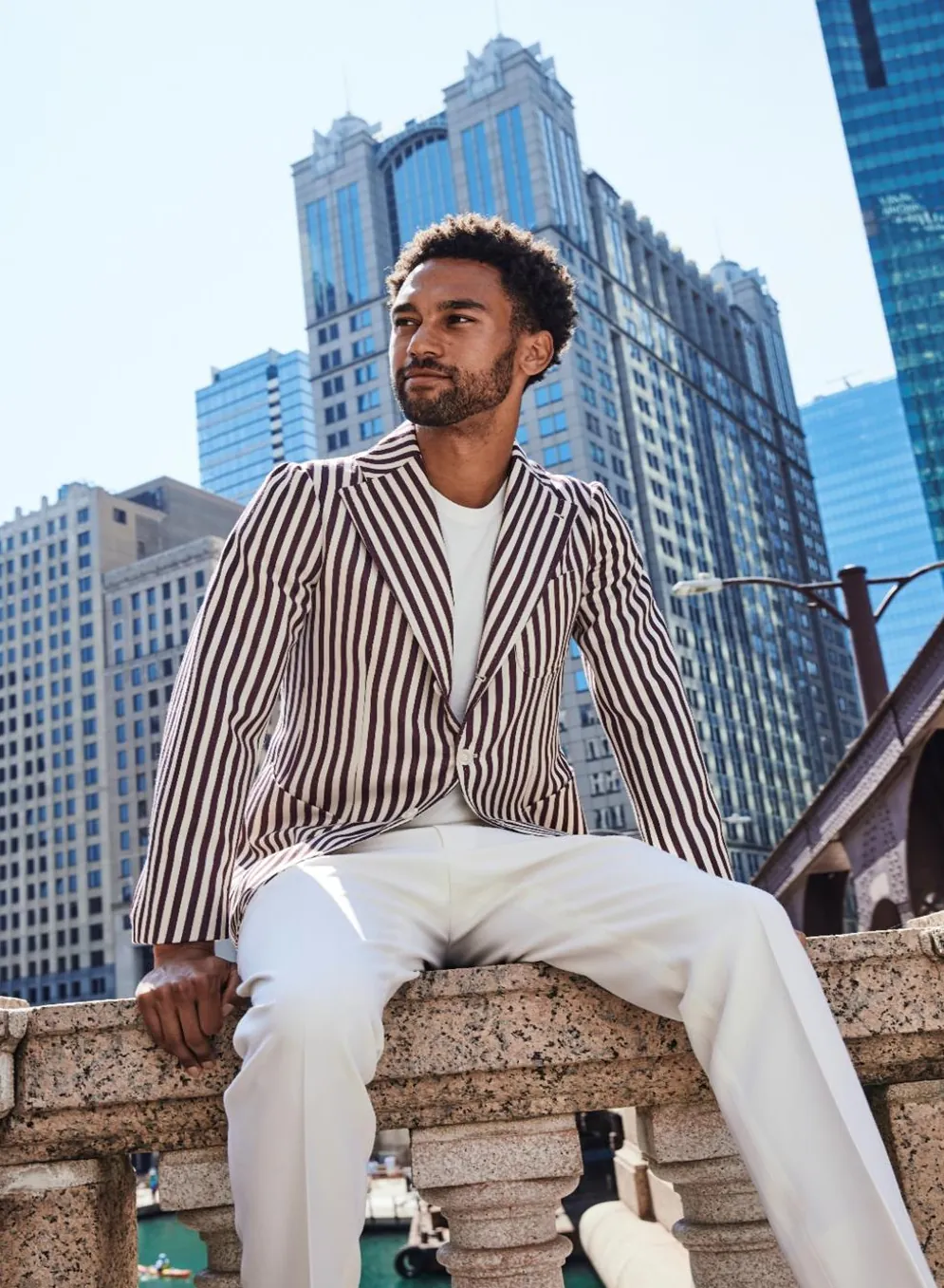 Striped Vibe blazer with white trousers